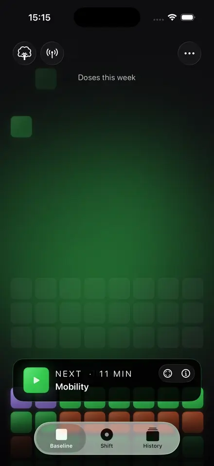 BaselineBody home screen with block grid and start button
